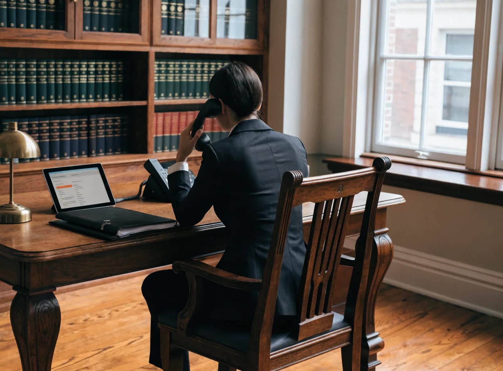 An attorney answering the phone at a wooden desk lined with law books, a tablet showing a search ad
