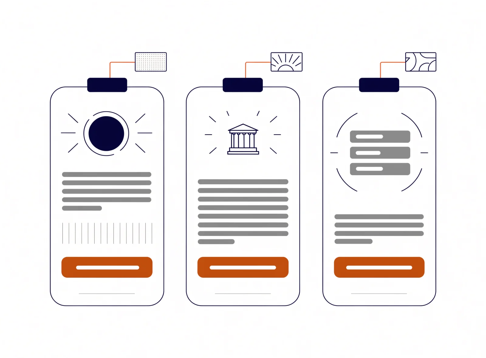 Illustration: three phone-sized law-firm landing pages, each linked to the ad above it