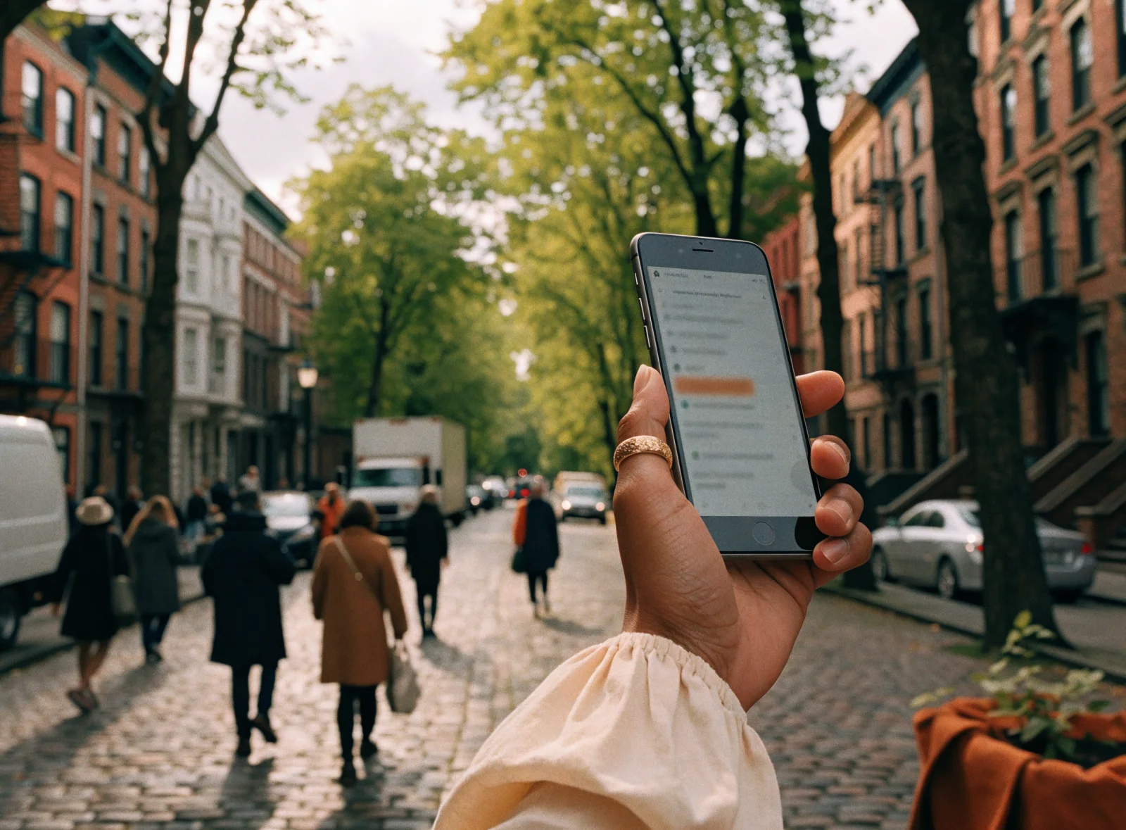 A hand holding a phone showing a search result in front of a tree-lined street